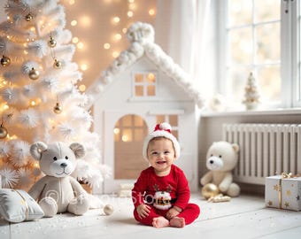 White Christmas Studio Digital Backdrop for Kids, Festive Holiday Background for Babies and Children
