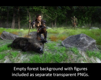 Fantasy Digital Backdrop Kit,  Fantasy Cosplay Background, Forest Backdrop, Woodland Backdrop, Elf Girl PNG, Orc PNG, Composite Photography