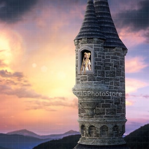 Fairy Tale Princess Tower Layered Digital Backdrop, Rapunzel Cosplay Background, Fairytale Castle Backdrop with PNG Tower