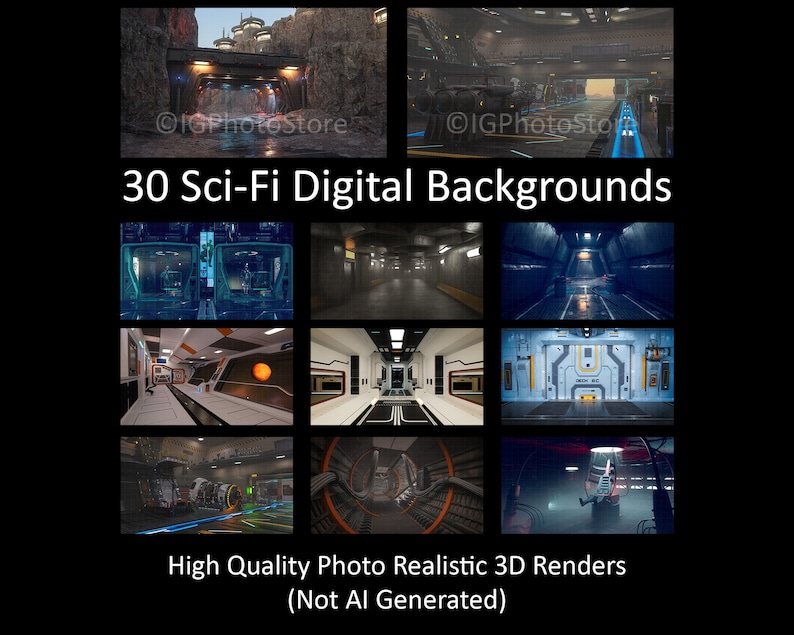 May include: A collection of 30 sci-fi digital backgrounds. The images showcase various futuristic environments, including corridors, cityscapes, and interior spaces. The text reads "High Quality Photo Realistic 3D Renders (Not AI Generated)."