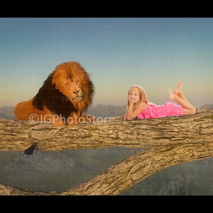 May include: A brown lion sits on a tree branch with a young girl lying on the branch behind it. The girl is wearing a pink dress and has her hair in a braid. The background is a blue sky with clouds.