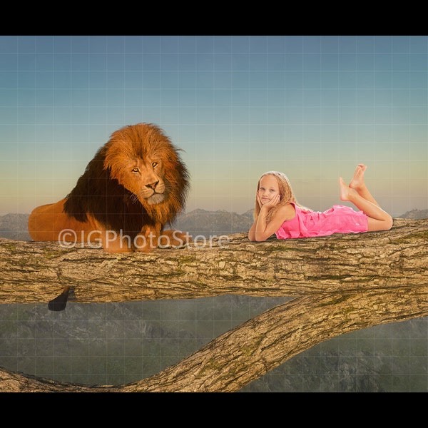 Lion Digital Background, King of the Jungle Digital Backdrop, Lion on Log Photoshop Background for Kids and Sitters Composite Portrait