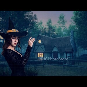 Digitale achtergrond Halloween-heksenhuisje, spookachtig heksenhuis in bosachtergrond, Halloween-achtergronden
