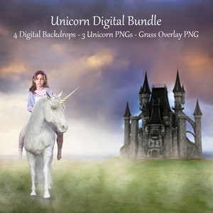 Unicorn Digital Backdrops, Unicorn Background Bundle, Unicorn Overlay, Castle Backdrops with Unicorns, Unicorn PNG Overlays, Compositing Kit image 1