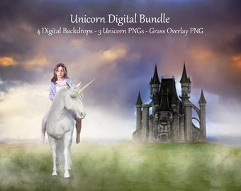 Unicorn Digital Backdrops, Unicorn Background Bundle, Unicorn Overlay, Castle Backdrops with Unicorns, Unicorn PNG Overlays, Compositing Kit