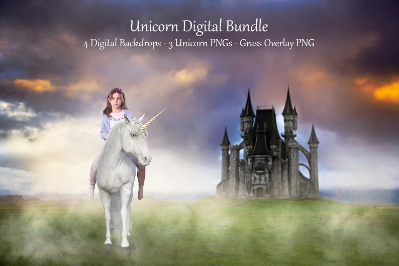 Unicorn Digital Backdrops, Unicorn Background Bundle, Unicorn Overlay, Castle Backdrops with Unicorns, Unicorn PNG Overlays, Compositing Kit image 1