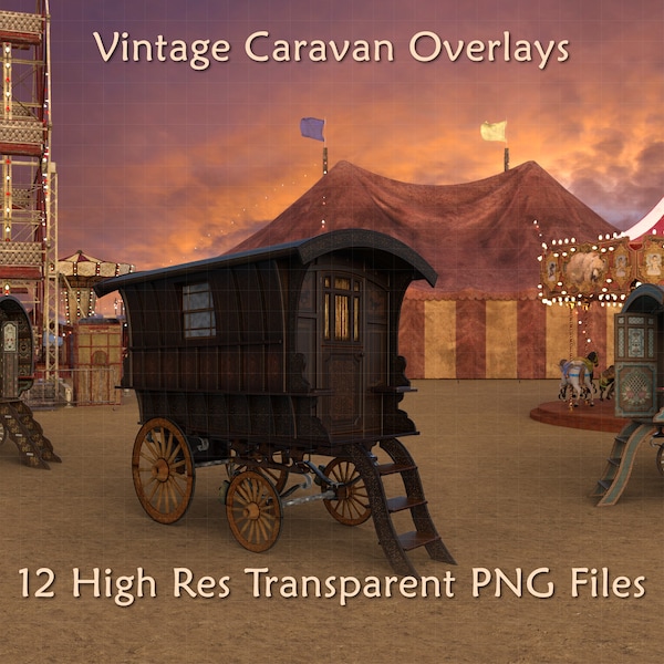 Vintage Romany Gypsy Caravan Digital Overlays, Romani Vardo Wagons, Transparent PNG Clipart, Composite Photos, Digital Art, Scrapbooking