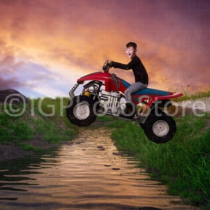 Flying Motorcycle Digital Backdrop, Quad Bike Jump Digital Background, Motorbike Composite Backdrop, Fun Photo Background for Kids