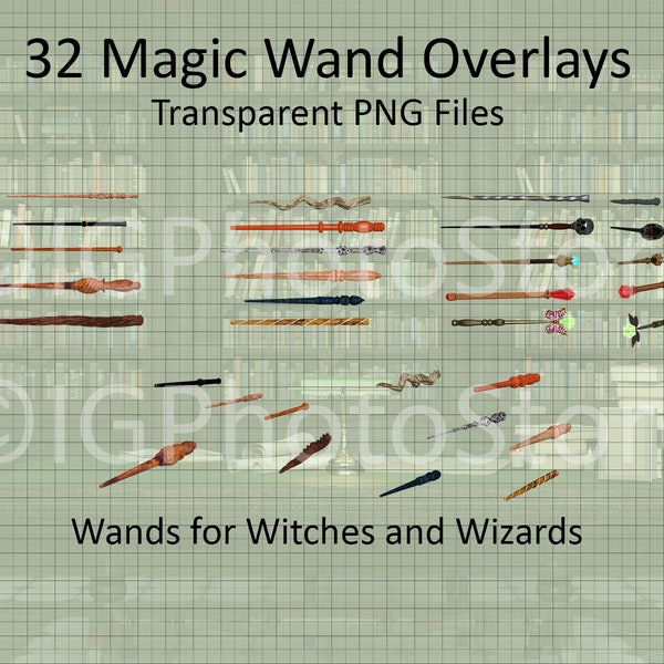 32 Wizard Wand Digital Overlays, Magic Wands for Wizards and Witches, PNG Wands, Transparent PNG Overlay, Digital Photography Props