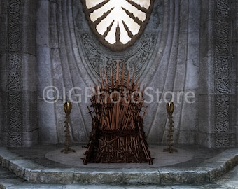 May include: A large, ornate iron throne made of swords, with two golden candle holders on either side. The throne is set against a stone wall with a large, circular window above it.