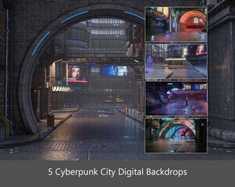 5 Cyberpunk City Digital Backdrops, Grungy Urban Street at Night Digital Backgrounds, Composite Portraits, Cosplay Photography Backdrops