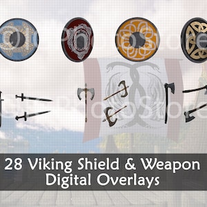 May include: A set of 28 digital overlays featuring Viking shields and weapons. The shields are round and have intricate designs in blue, red, yellow, and black. The weapons include swords and axes.