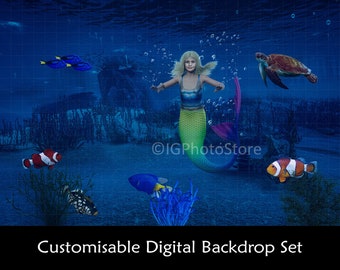 Mermaid Digital Backdrop Set, Customisable Layered Undersea Digital Background, Tropical Fish, Turtle, Dolphin, Mermaid Tail PNG Overlays