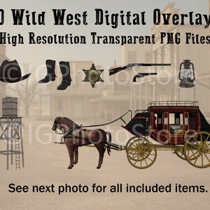 Puede incluir: Una colección de 50 superposiciones digitales del Salvaje Oeste, que incluyen una estrella de sheriff, un sombrero de vaquero, botas, una diligencia, linternas y pistolas. Archivos PNG transparentes de alta resolución.