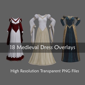 Fantasy Medieval Dress Digital Overlays, Transparent PNG Dresses for Compositing, Costume Clipart, Fairytale Fashion, Photoshop Resources