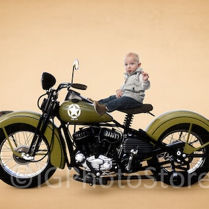 Army Motorcycle Background, Vintage Motorbike Background for Newborn, Toddler, Child or Adult, Green Motorcycle, Harley, Khaki Background