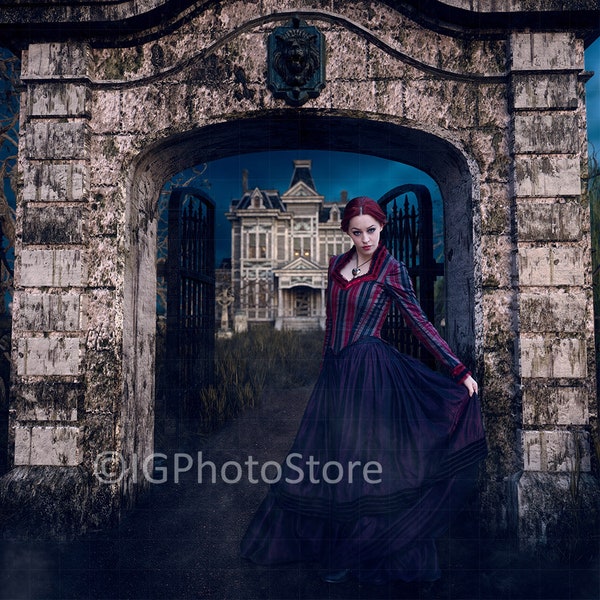 Abandoned Victorian House Digital Backdrop, Creepy Old Mansion Gate, Cosplay Composite Portrait Digital Background