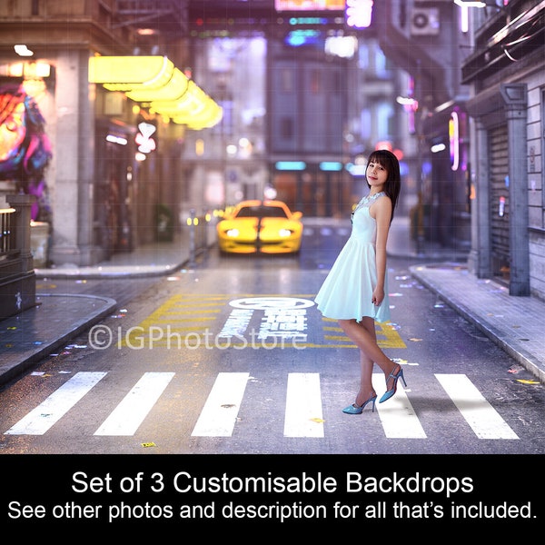 3 Colourful City Street at Night Digital Backdrops, Urban Background, Bokeh Lights, Yellow Sports Car, Composite Portrait Backgrounds