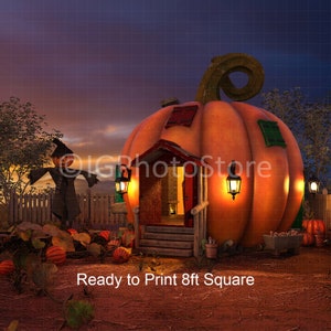 May include: A 3D rendered image of a pumpkin house with a door, windows, and a porch. The house is surrounded by fall leaves and a scarecrow. The text "Ready to Print 8ft Square" is at the bottom of the image.
