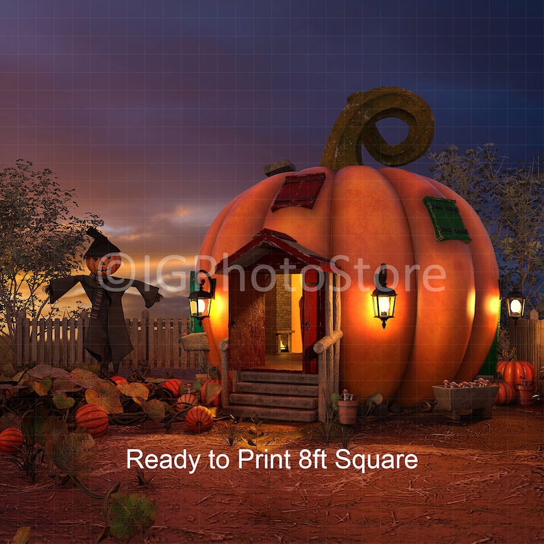 May include: A 3D rendered image of a pumpkin house with a door, windows, and a porch. The house is surrounded by fall leaves and a scarecrow. The text "Ready to Print 8ft Square" is at the bottom of the image.