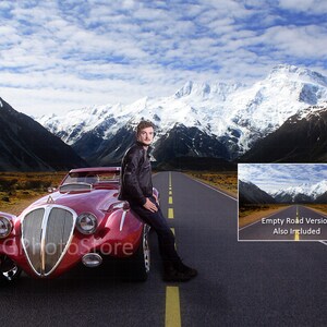 Sports Car Digital Background, Open Road Background with Mountains, Digital Portrait Backdrop for Seniors, Couples, Families, Empty Road