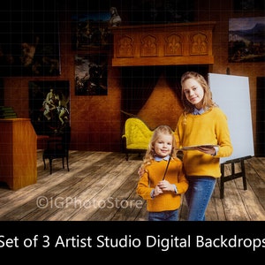 Artist Studio Digital Backdrops, 3 Paris Art Studio Digital Backgrounds, Eiffel Tower, Artist Portrait Backdrops