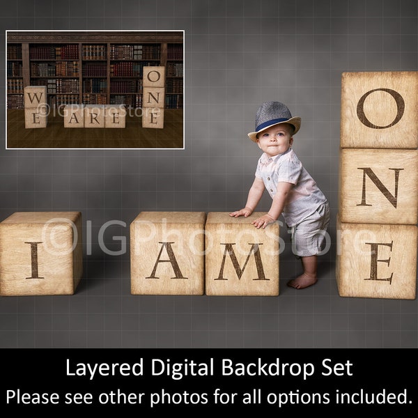 First Birthday Layered Digital Backdrop Set, One Year Old Digital Backgrounds, 1st Birthday Digital Studio Prop for Composite Portraits