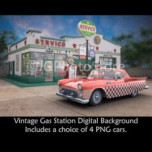 Vintage Gas Station Digital Background Bundle, 4 Retro Car PNGs Included, Old Petrol Pump Digital Backdrop for Composite Photography