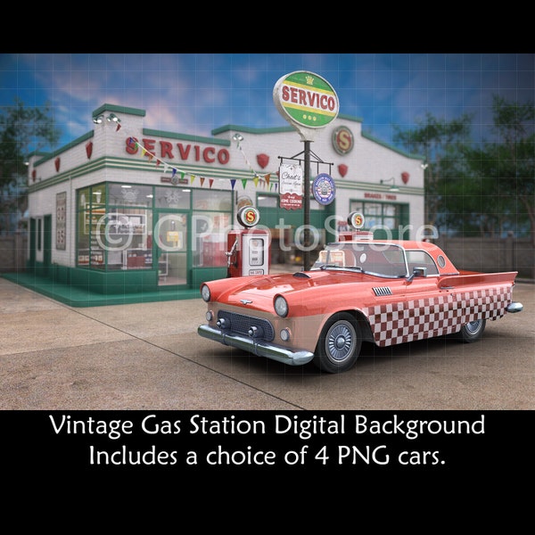Vintage Tankstelle Digitaler Hintergrund Bundle, 4 Retro Auto PNGs Enthalten, Alte Zapfsäule Digitaler Hintergrund für Verbundfotografie