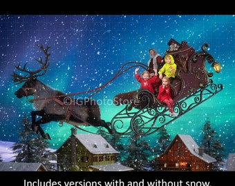 May include: A digital backdrop featuring a red sleigh pulled by a reindeer flying through a snowy night sky. The sleigh is filled with children and Santa Claus. The background includes a snowy village with houses and trees.