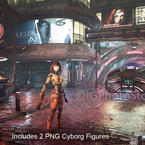 May include: A cyberpunk city scene with a female cyborg standing in the rain. The cyborg is wearing a yellow and orange outfit and has short brown hair. A futuristic vehicle is parked in the background.