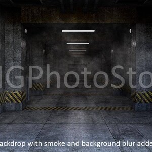 May include: A dark, industrial hallway with concrete walls and yellow and black warning stripes. The hallway is dimly lit with fluorescent lights and has a smoky atmosphere. The text "SECTOR 404" is visible on the wall.