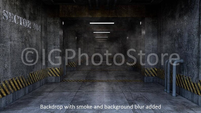 May include: A dark, industrial hallway with concrete walls and yellow and black warning stripes. The hallway is dimly lit with fluorescent lights and has a smoky atmosphere. The text "SECTOR 404" is visible on the wall.