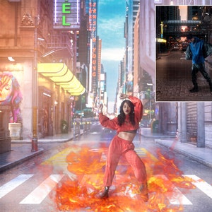 May include: A woman in a red outfit dances on a city street with flames erupting from the crosswalk. The background is a city street with tall buildings and a blue sky.