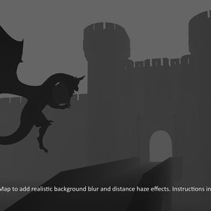May include: A black and white depth map image of a dragon flying towards a castle with a large gate. The image is used to add realistic background blur and distance haze effects to images. Instructions are included.
