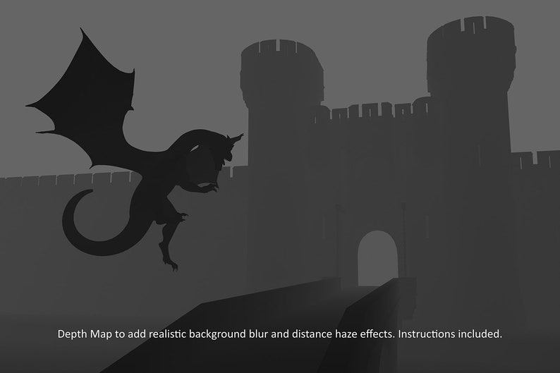 May include: A black and white depth map image of a dragon flying towards a castle with a large gate. The image is used to add realistic background blur and distance haze effects to images. Instructions are included.