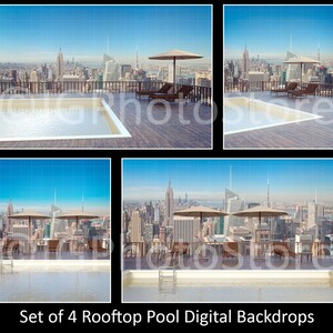 4 New York City Rooftop Swimming Pool Digital Backdrops, Penthouse Pool Background for Composite Photography, Manhattan Skyline Backdrop