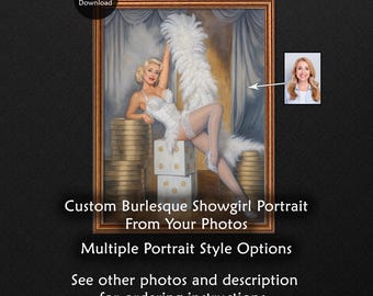 Custom Burlesque Showgirl Pinup Portrait Painting From Photo, Digital Download