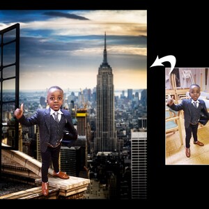 May include: A young boy in a dark gray suit and brown shoes stands on a rooftop with a cityscape background. The boy is giving a thumbs up and smiling. The Empire State Building is visible in the background.