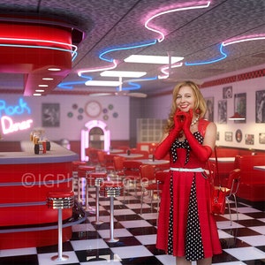 Retro American Diner Digitaler Hintergrund, 1950er Jahre Vintage Digitaler Hintergrund, Vintage Fotoshooting Hintergrund, Pin Up Portrait Hintergrund