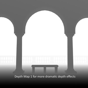 May include: A black and white image of a hallway with three arches and a bench in the middle. The arches are made of stone and have a rounded top. The bench is made of wood and has a simple design. The image is labeled "Depth Map 1 for more dramatic depth effects".