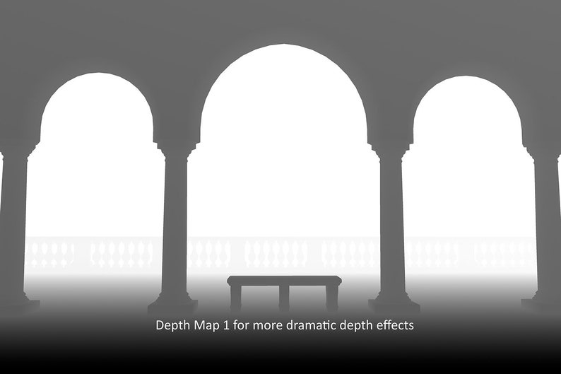 May include: A black and white image of a hallway with three arches and a bench in the middle. The arches are made of stone and have a rounded top. The bench is made of wood and has a simple design. The image is labeled "Depth Map 1 for more dramatic depth effects".