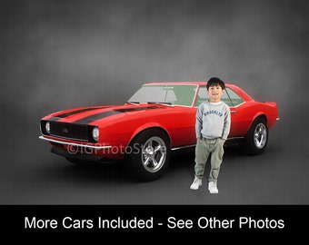 Retro American Muscle Cars, Layered Digital Backdrop Set, Vintage Sports Car Overlays, Studio Background With Transparent PNG Cars