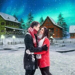 Winter Family Portrait Digital Backdrop, Snow Scene Background, Alaskan or Scandinavian Village, Northern Lights Digital Background