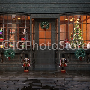 Vintage Toy Shop Christmas Digital Backdrop, Xmas Holidays Family Portrait Background, Old Victorian Shop, Composite Photoshop Template