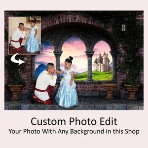 May include: A photo editing service that allows you to add a fantasy castle background to your photo. The image shows a girl and a boy dressed as a princess and prince, standing in front of a brick archway with a view of a castle in the distance.