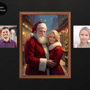 May include: A framed portrait of Santa Claus and a woman in a red dress, set against a festive street scene. The image is flanked by two smaller portraits of people. The words "Digital Download" are in a black circle in the upper left corner.