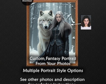 Custom Fantasy Woman and Dire Wolf Portrait from Photo, Personalized Bookish Gift (Digital Painting)