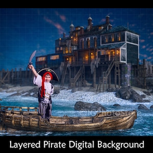 Layered Pirate Digital Backdrop, Pirate Boat Digital Background, Smugglers Port, Cosplay and Kids Composite Portrait Photography