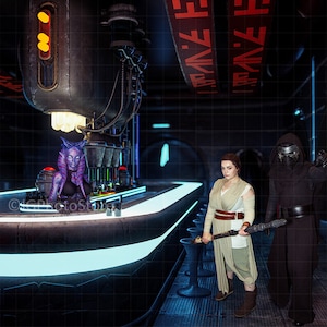 Alien Sci-Fi Bar Digital Backdrop, Futuristic Cyberpunk Cosplay Photo Background, Drinks Bar in Star Ship Port, Space Wars Fantasy Backdrop